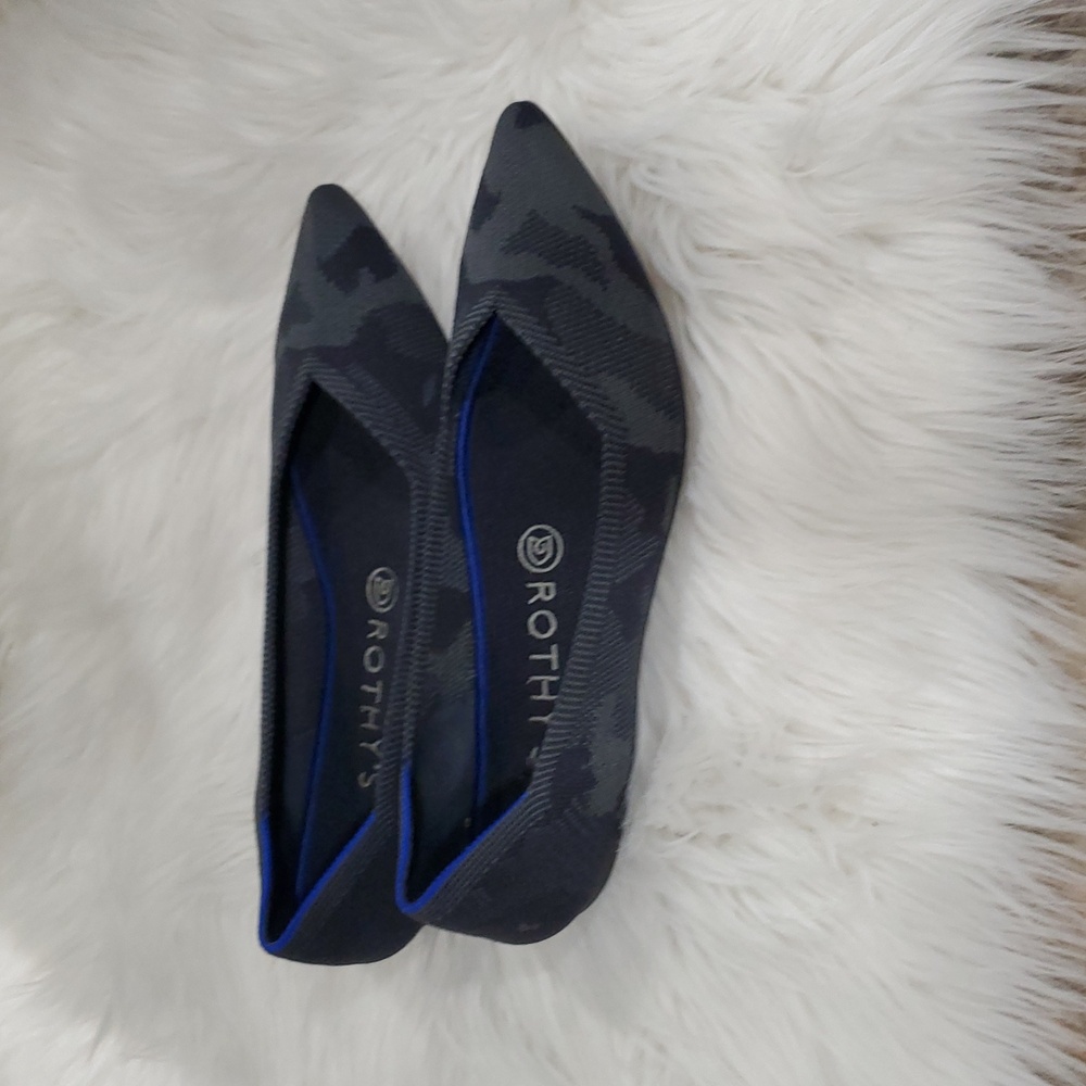 Rothy's The Point  Gray Camo  Flats with Sleek Pointed Toe and Blue Trim - Picture 15 of 16